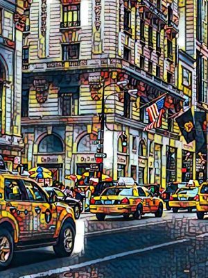 New York Hochhaus Fassaden und gelbe Taxis