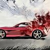 Roter Sportwagen mit Explosion im Heck