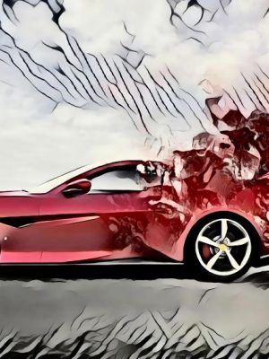 Roter Sportwagen mit Explosion im Heck